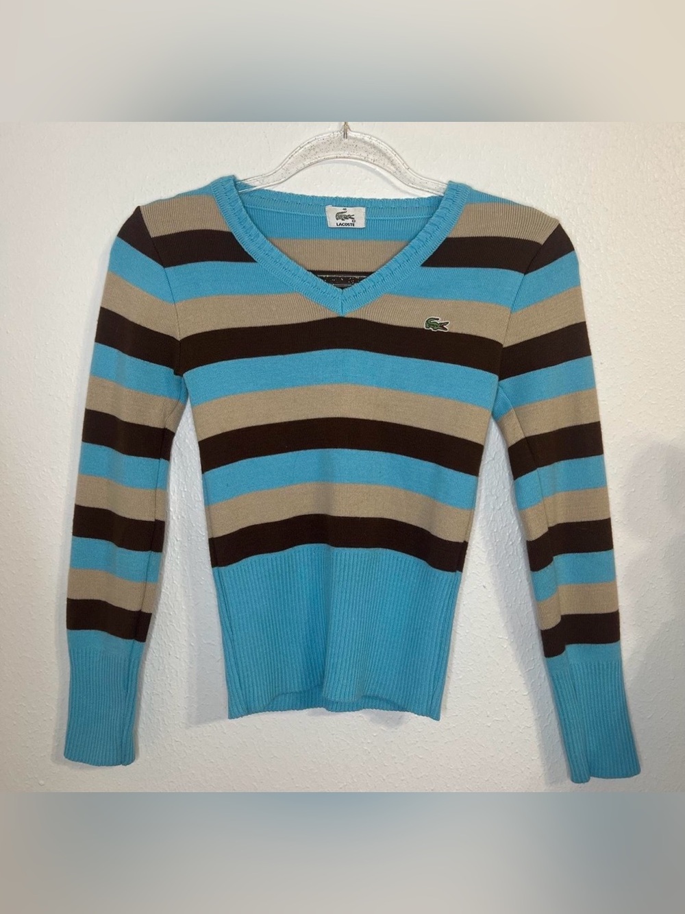 Lacoste Women's Striped V-Neck Sweater in Turquoise, Brown & Tan